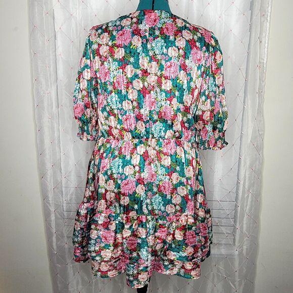 Melloday Pink Teal‎ Floral Puff Sleeve Plissé Easter Bloomcore Minidress Size XL - Picture 4 of 8